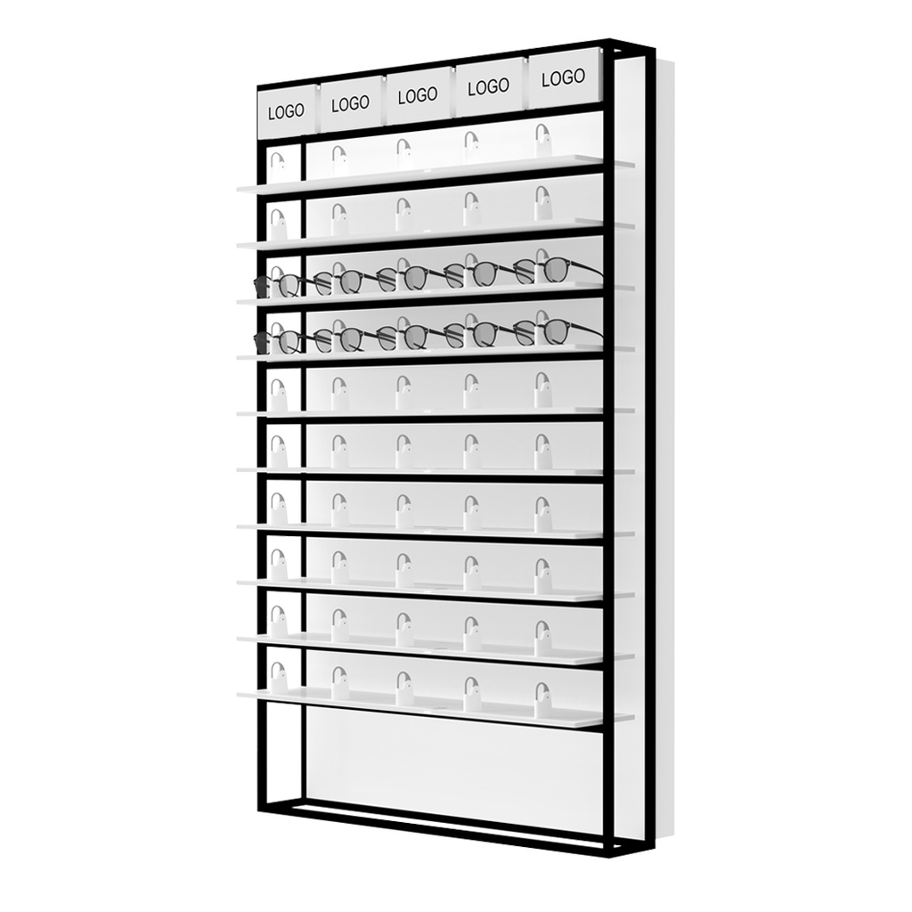 Présentoir mural STK Unilock avec LED étagères, 5 porte-logos inclus, 930x1530x320 mm