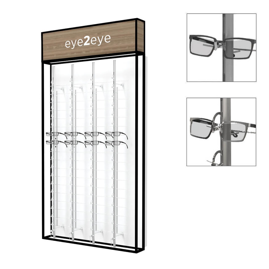 STK Wandpräsenter mit oberer Box, 4 Stangen (72 Fassungen), 930 × 1765 × 230 mm