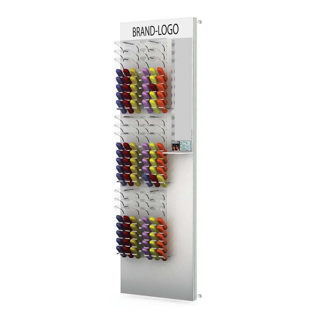 Wall display for reading glasses, mirror, shelf, 18 glasses, 90 cases, 600x2000x300 mm
