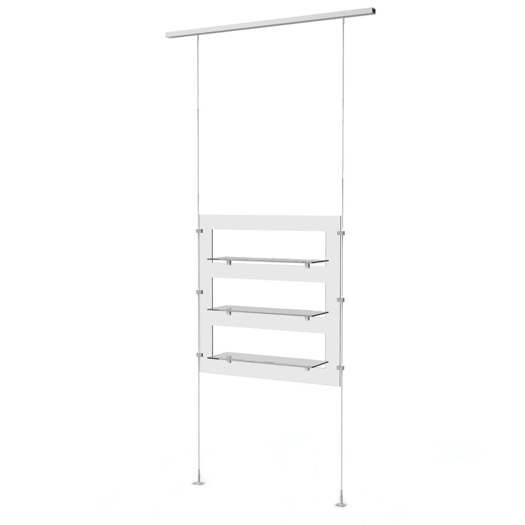 Espositore Sky Line, pannello con 3 ripiani trasparenti in acrilico, 900x1600-4500 mm