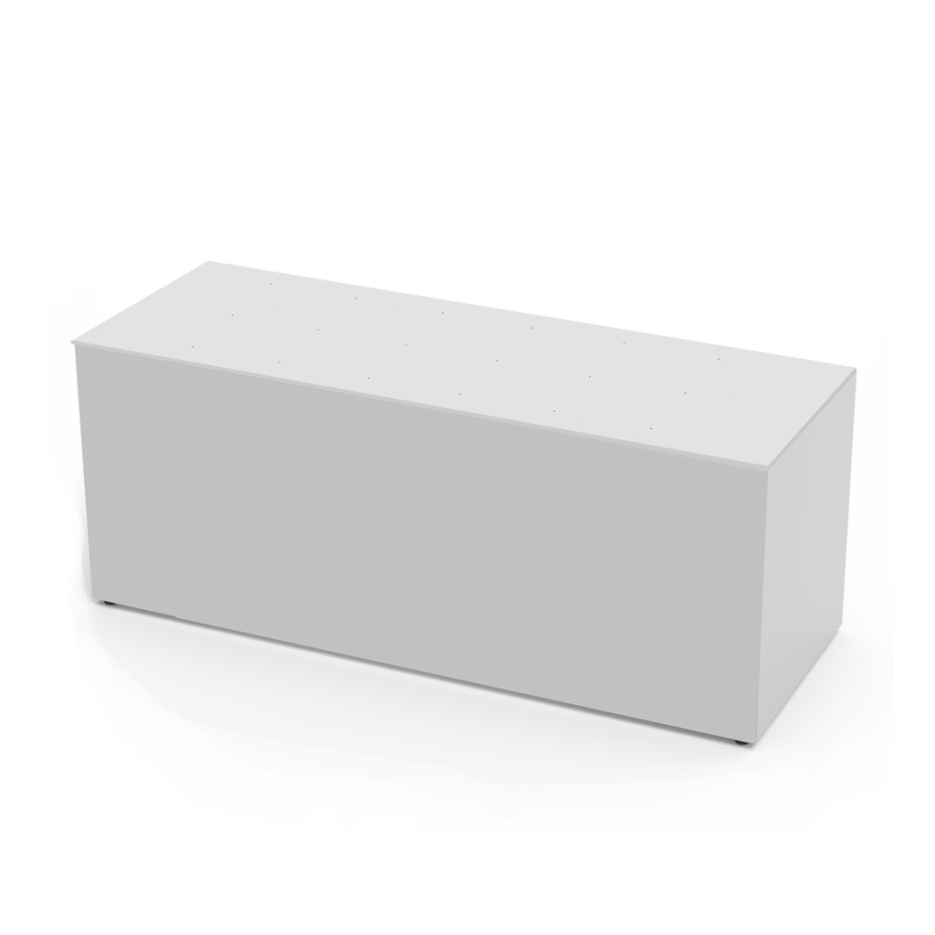 Mesa para escaparate, estructura de aluminio cubierta con 4 placas acrílicas, placa superior acrílica con agujeros