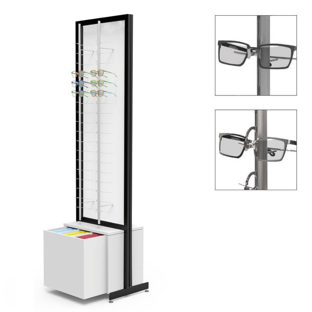 Espositore FS, 1 grande cassetto per astucci (120), lastra fissa con 4 aste (72), 552x1980x400 mm