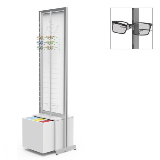 Espositore FS, 1 grande cassetto per astucci (120), lastra fissa con 4 aste (72), 552x1980x400 mm