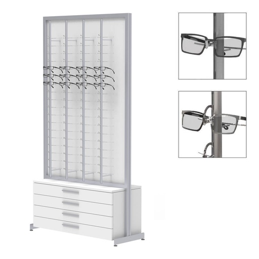 Expositor FS, placa fija con 8 barras (144), 4 cajones con tiradores (80), 1032x1980x400 mm