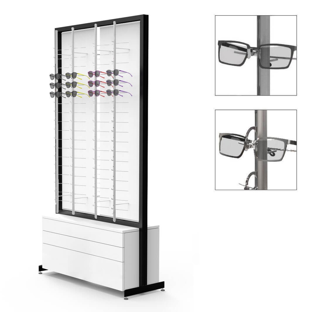 Espositore FS, 8 aste (144) e 3 cassetti (50 montature+50 astucci), 1032x1980x400 mm