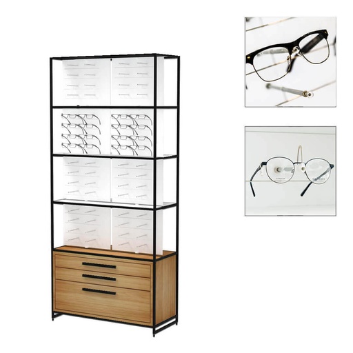 Expositor STK FS con parte superior, 128 porta monturas MP (128), armario en roble, 930x2035x400 mm