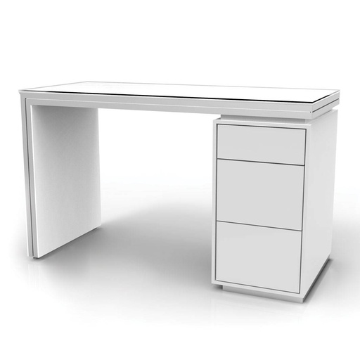 Mesa con armario lateral, decoración blanca, sobre de vidrio satinado, 1400x740x550 mm