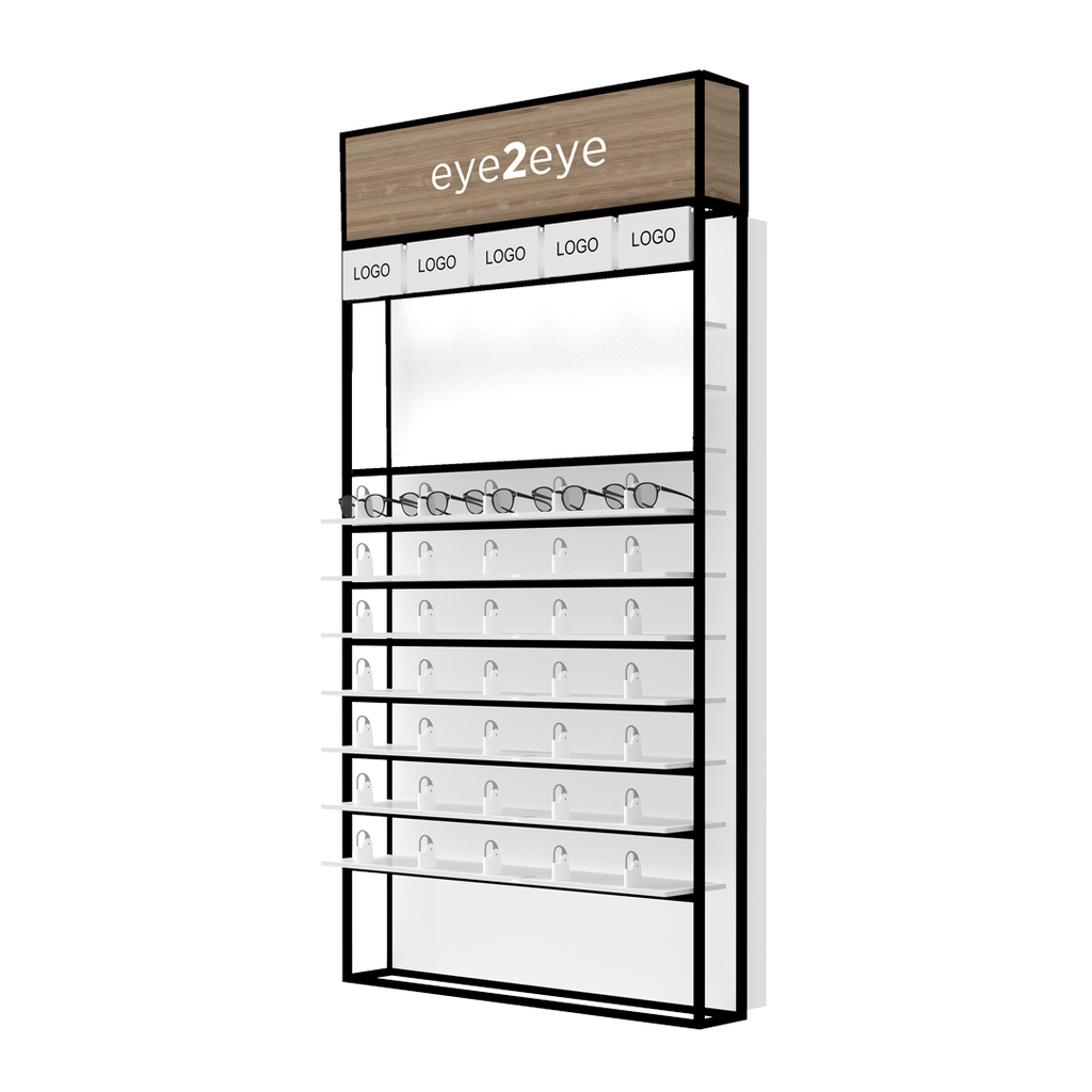 Wandpräsenter STK Unilock mit LED-Ablagen, Oberkappe, inkl. 5 Logohalter, 930x1780x320 mm